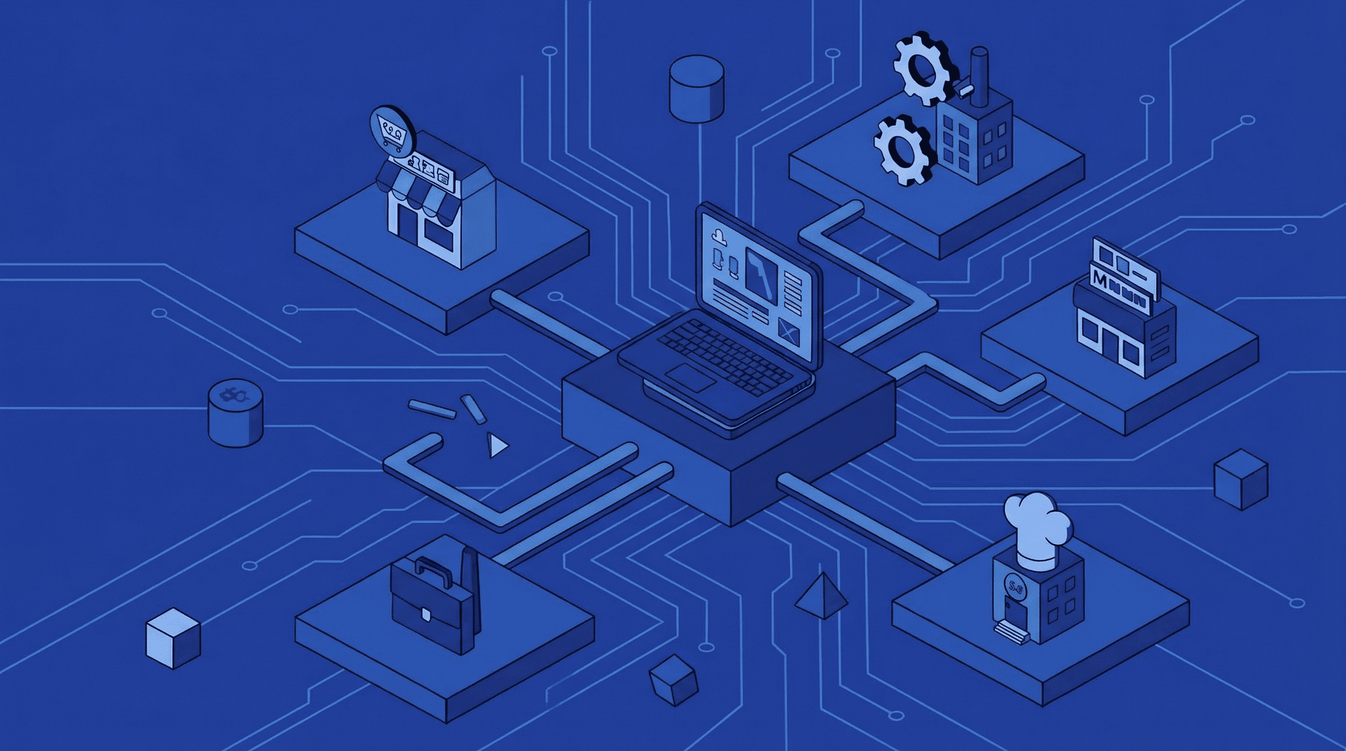 Isometric illustration showing multiple businesses managed from one central platform with connected storefronts, factories, and a laptop dashboard