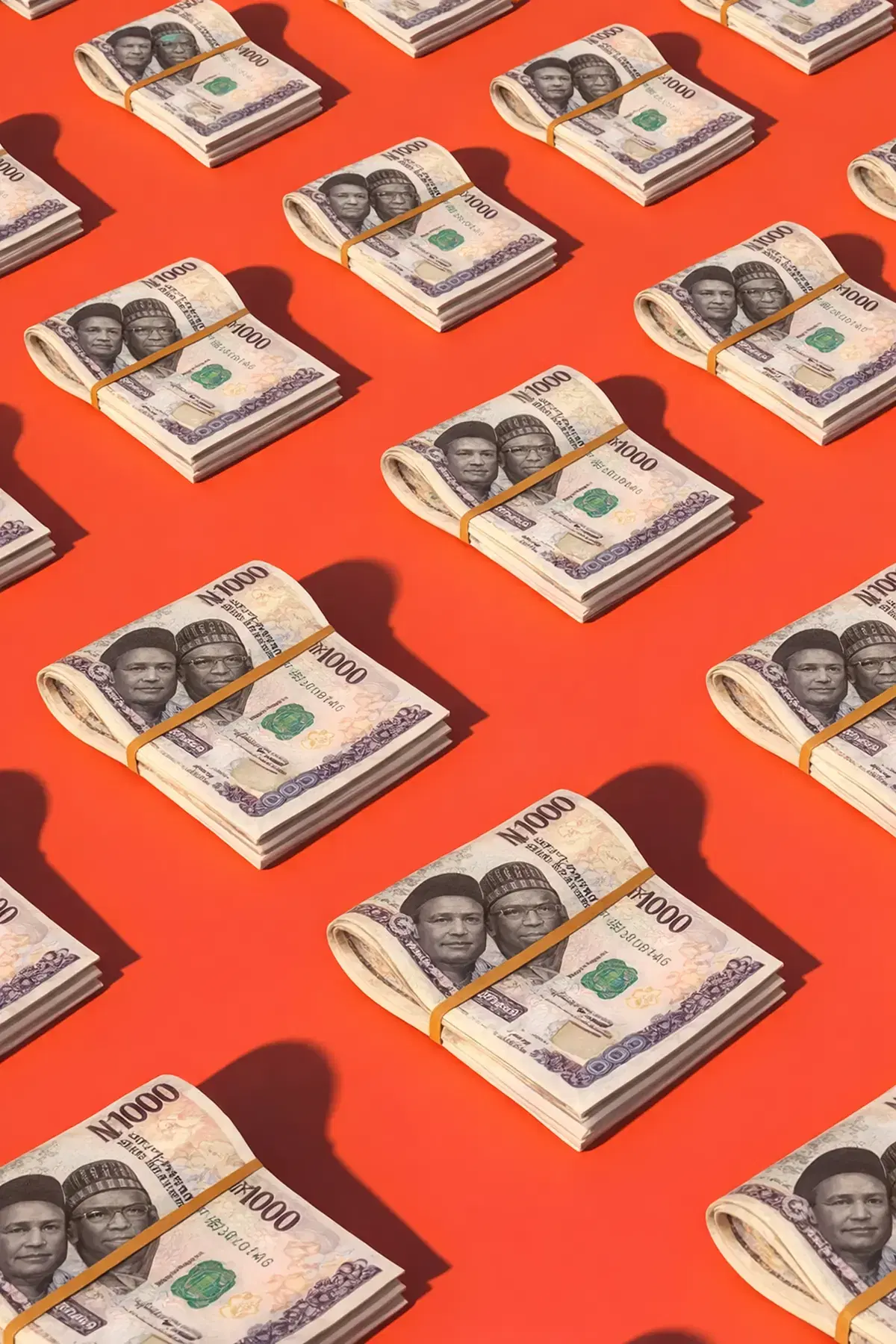 Rows of Naira note bundles on a red background