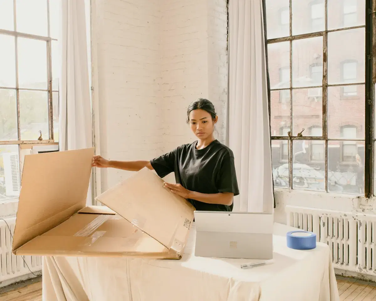 A seller preparing a parcel for delivery
